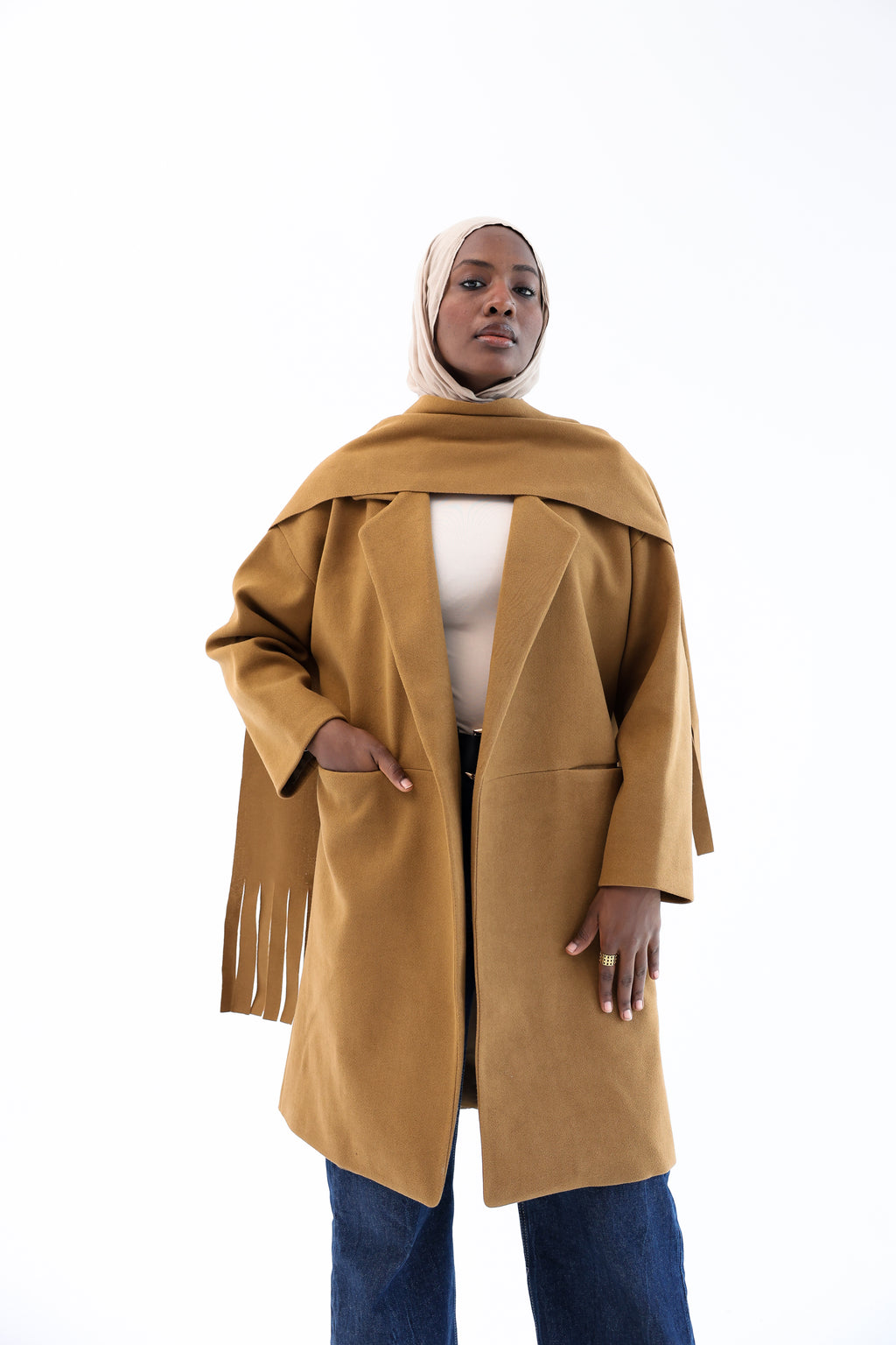Camel Gogh Long Coat with scarf