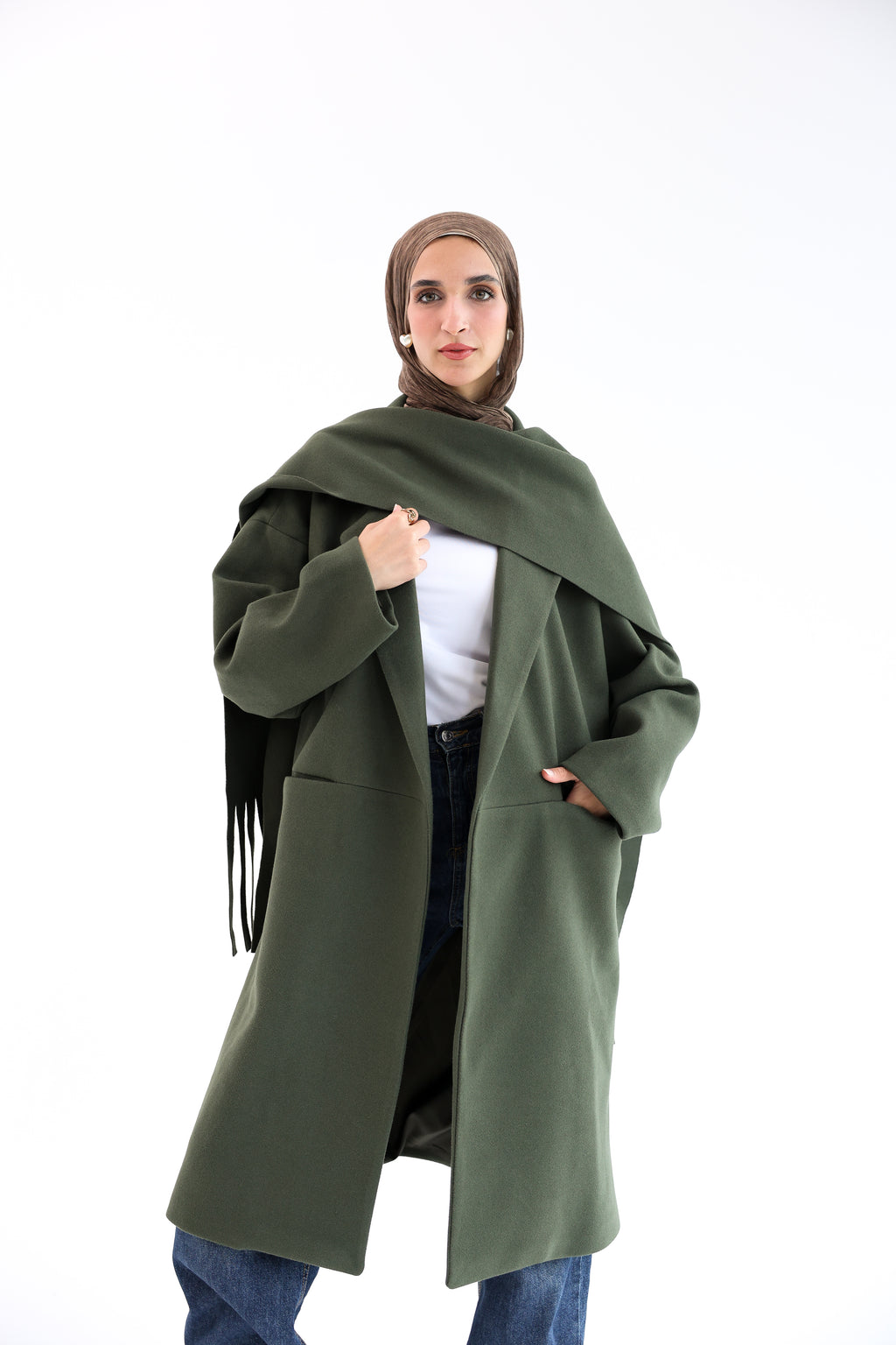 Olive Gogh Long Coat with scarf