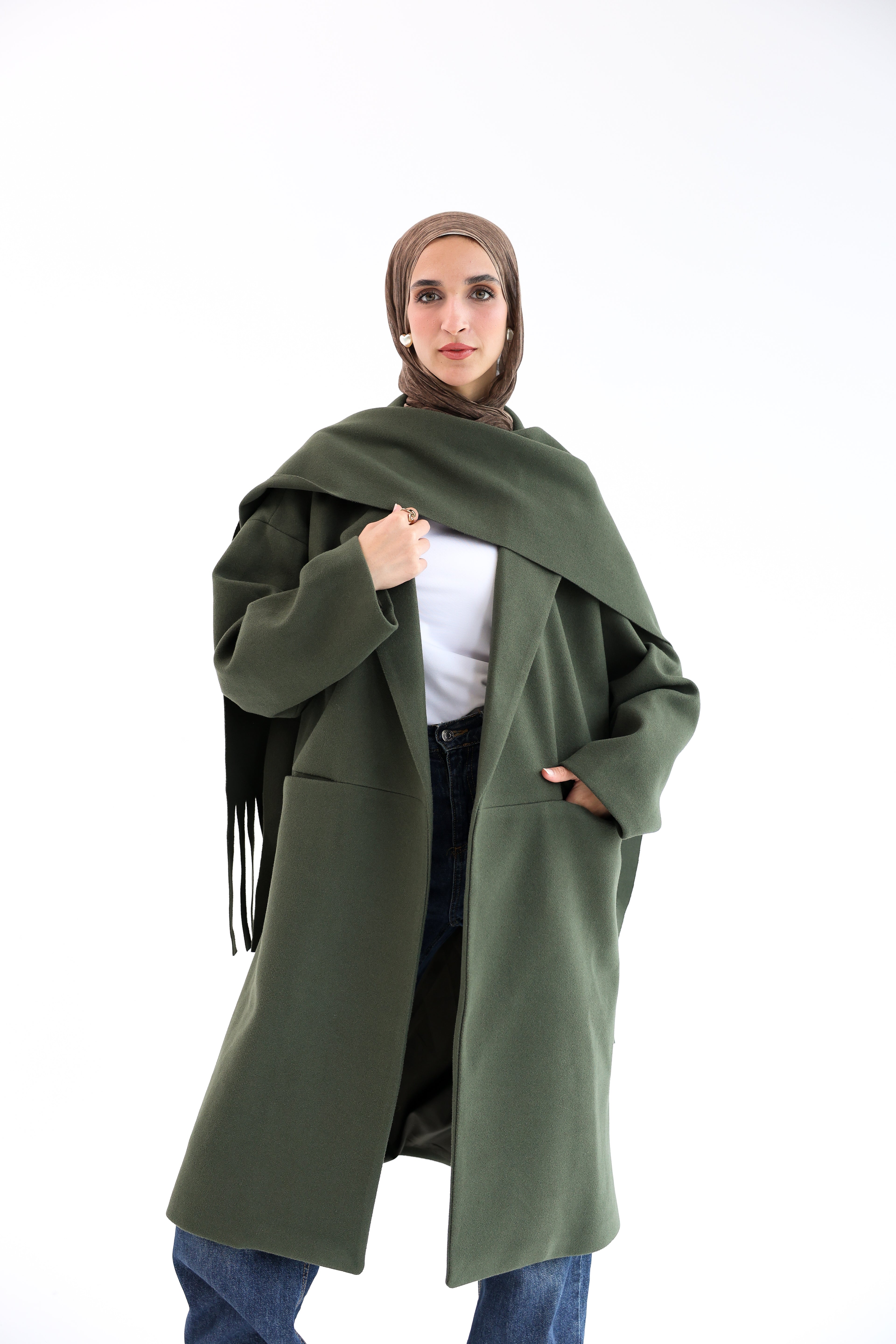 Olive Gogh Long Coat with scarf
