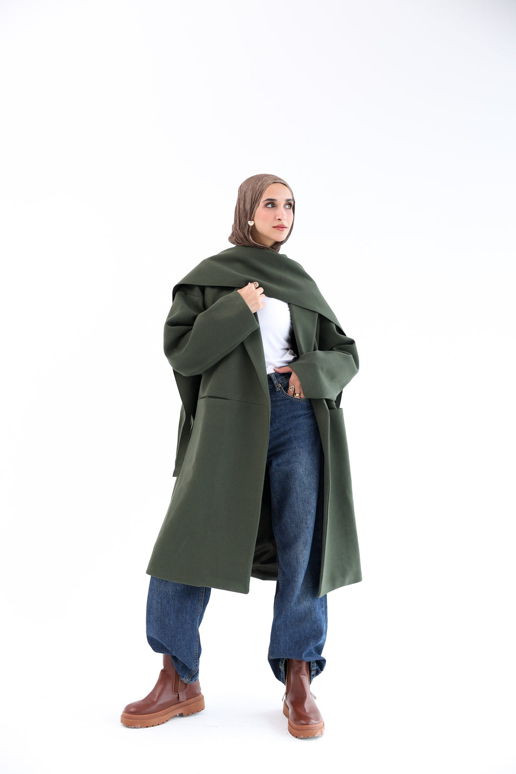 Olive Gogh Long Coat with scarf