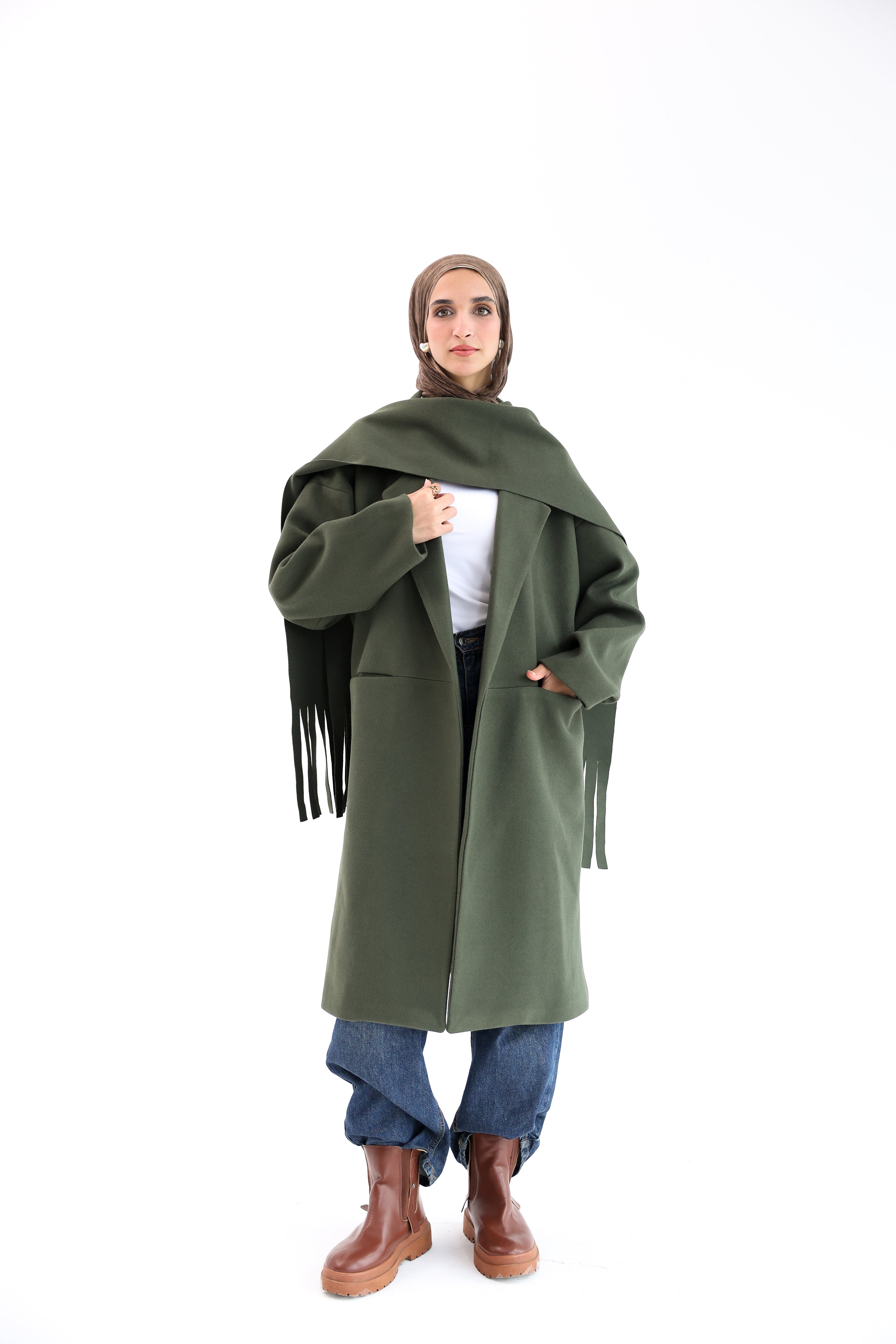 Olive Gogh Long Coat with scarf