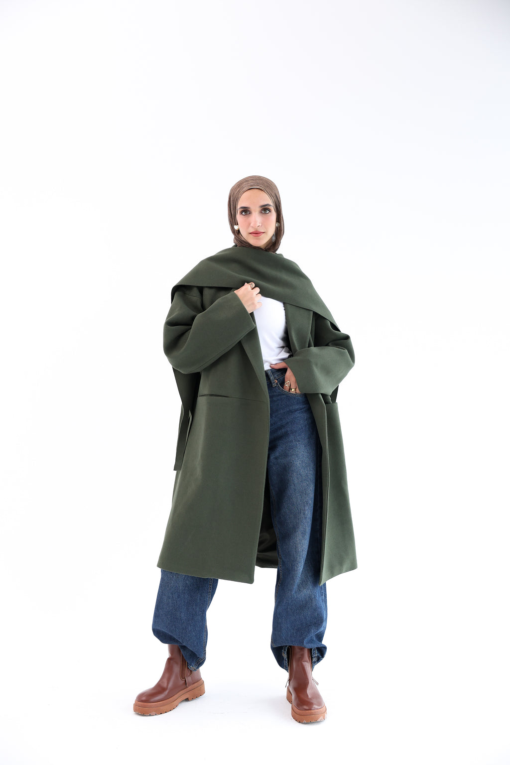 Olive Gogh Long Coat with scarf